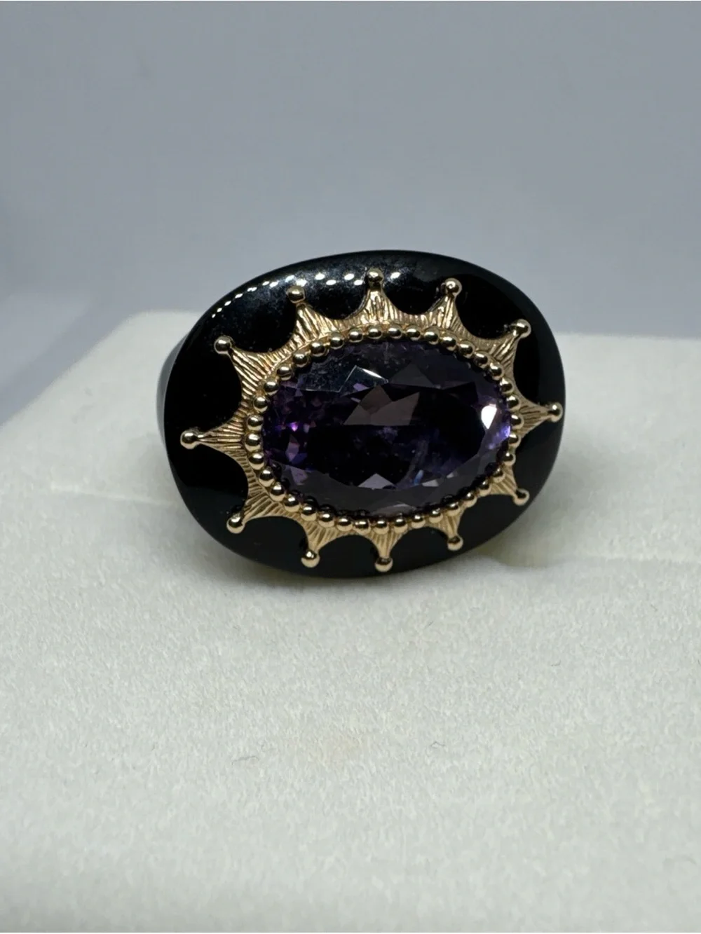 Black Onyx 14K Yellow Gold Oval Purple Amethyst Ring Size 6 Statement Piece